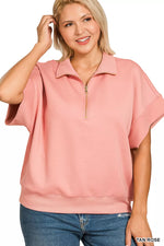 Zenana Full Size Scuba High Neck Half Zip Short Sleeve Top Plus Size