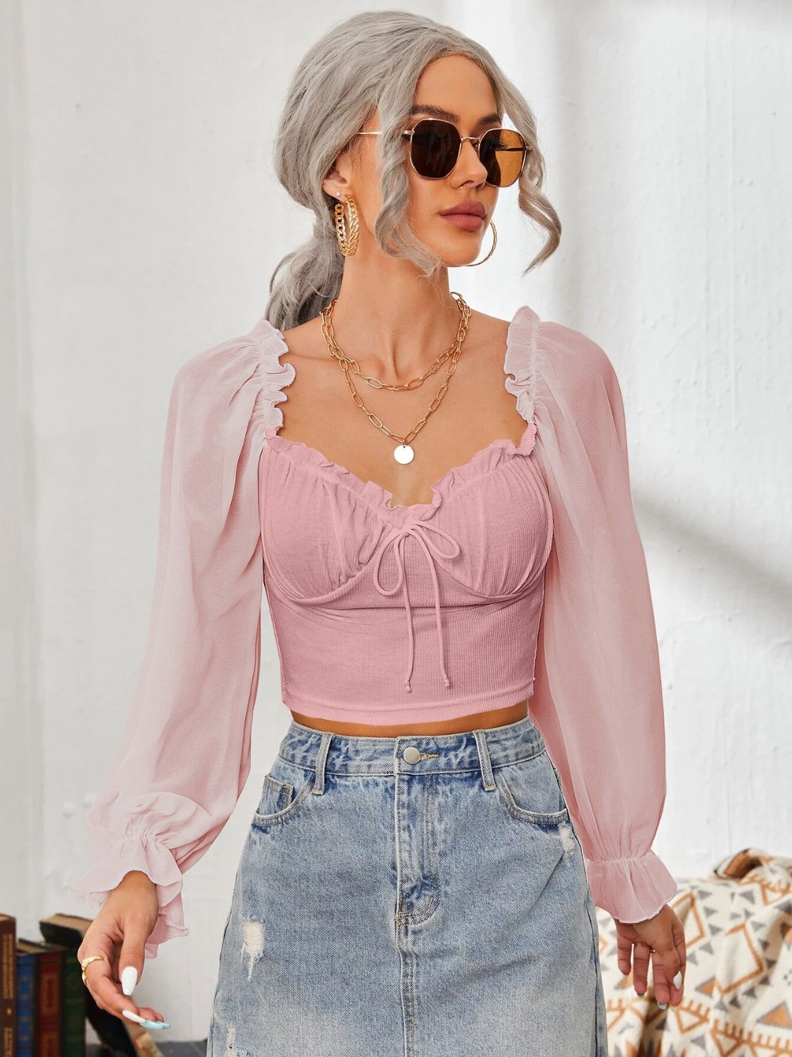 Mesh Sweetheart Neck Flounce Sleeve Top - Ladyez