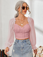 Mesh Sweetheart Neck Flounce Sleeve Top - Ladyez