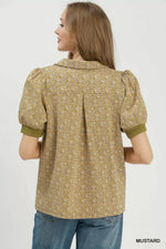 Umgee Printed Collared Puff Sleeve Top