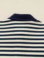 Striped Print Contrast Collar Zip V Neck Long Sleeve Top