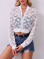 Sheer Baseball Collar Zip Up Jacket - Ladyez