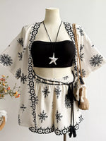 Plus Size Printed Open Front Cardigan and Shorts Set