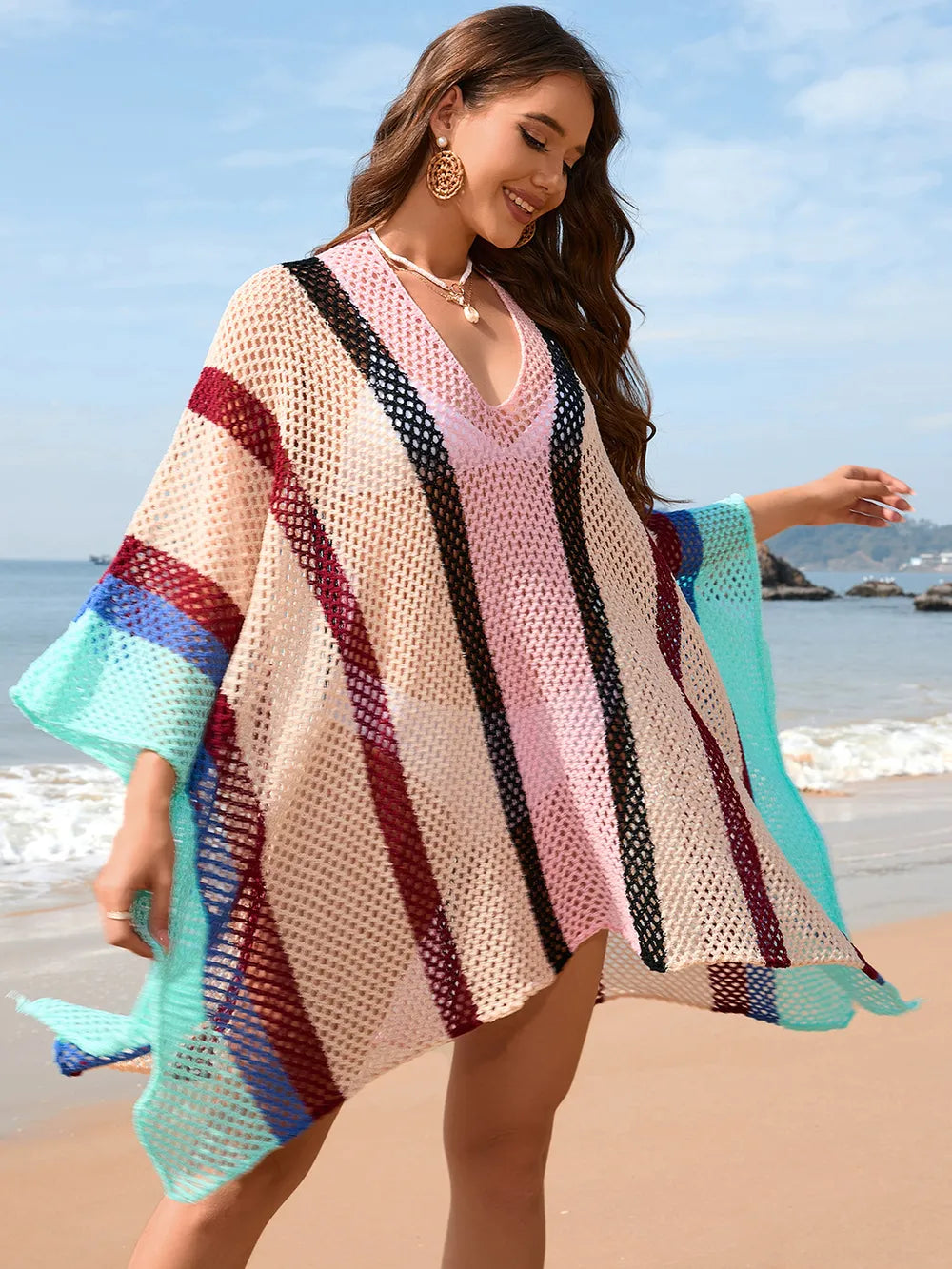 Openwork Color Block Plunge Cover-Up - Ladyez