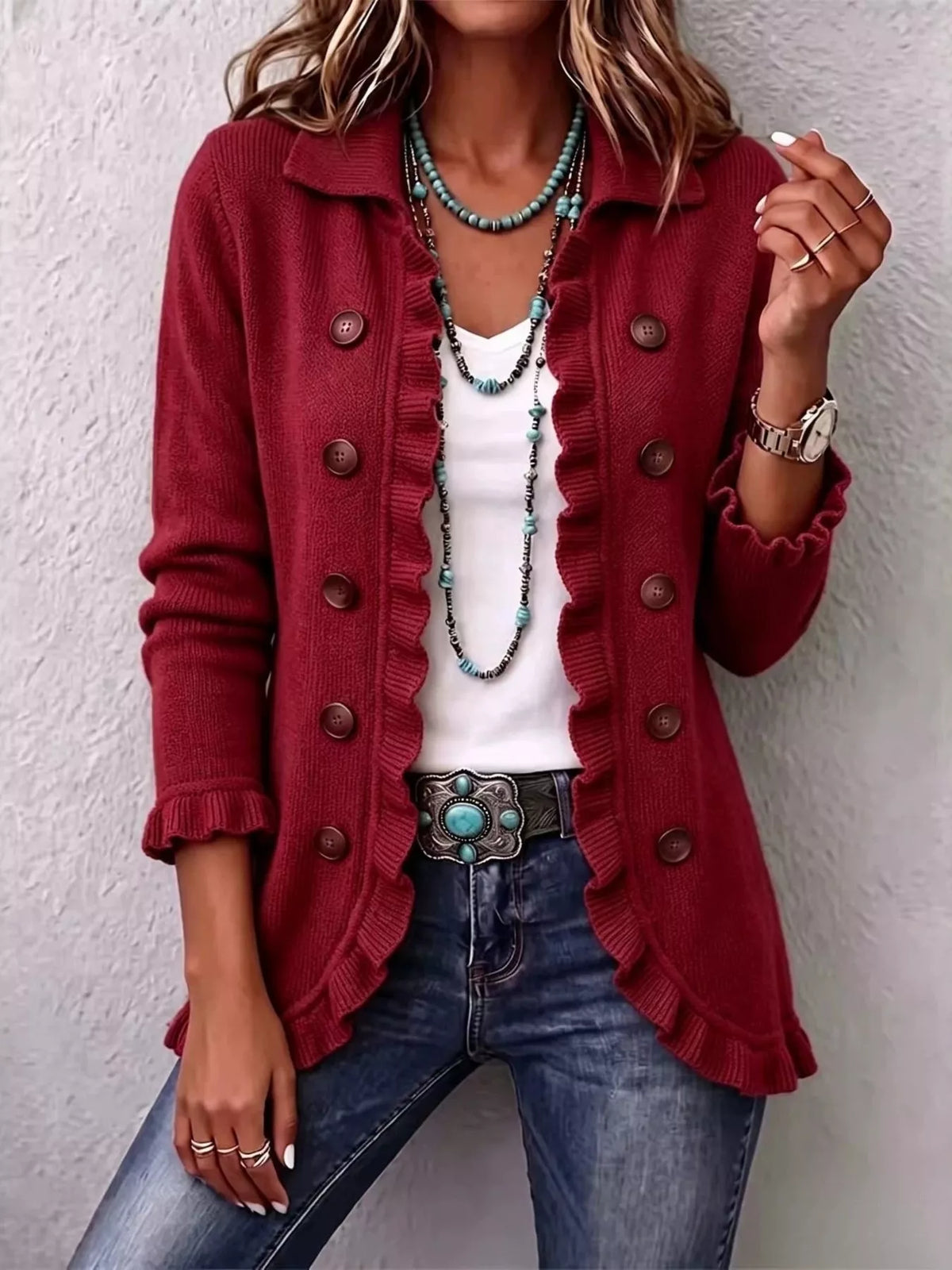 Full Size Ruffled Trim Decorative Button Cardigan Plus Size