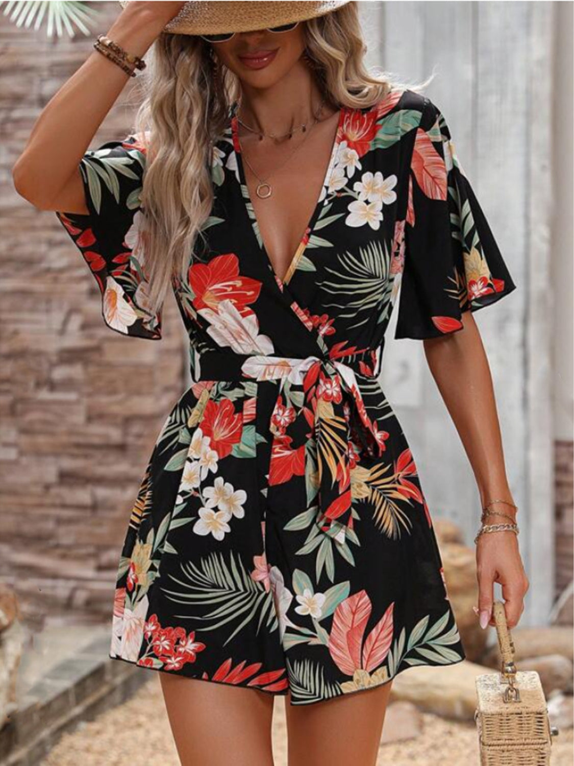 Printed Surplice Half Sleeve Tie Waist Romper - Ladyez