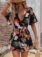 Printed Surplice Half Sleeve Tie Waist Romper - Ladyez