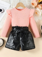 Children's Ruffled Pearl Embellished Top & Faux Leather Shorts Set with Belt