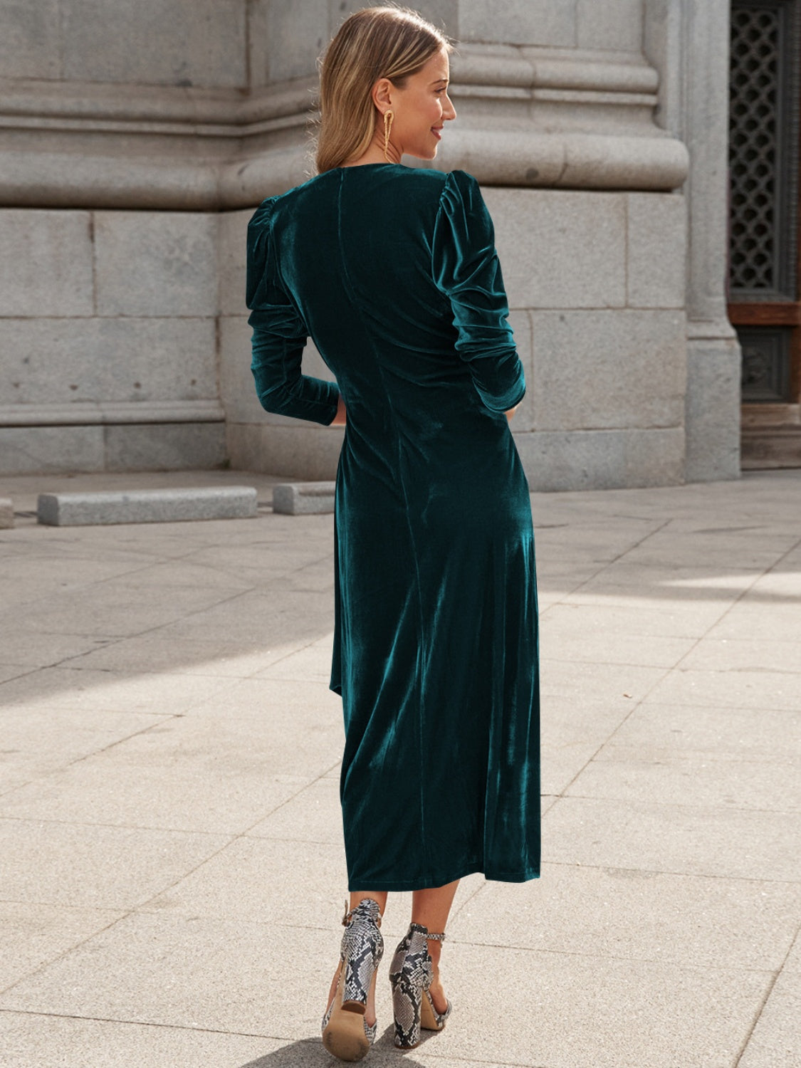 Surplice Puff Sleeve Midi Dress - Ladyez