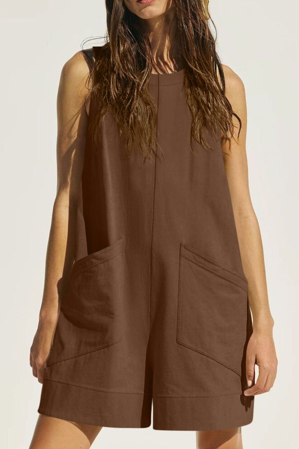 Lovelet Round Neck Sleeveless Romper with Pockets - Ladyez