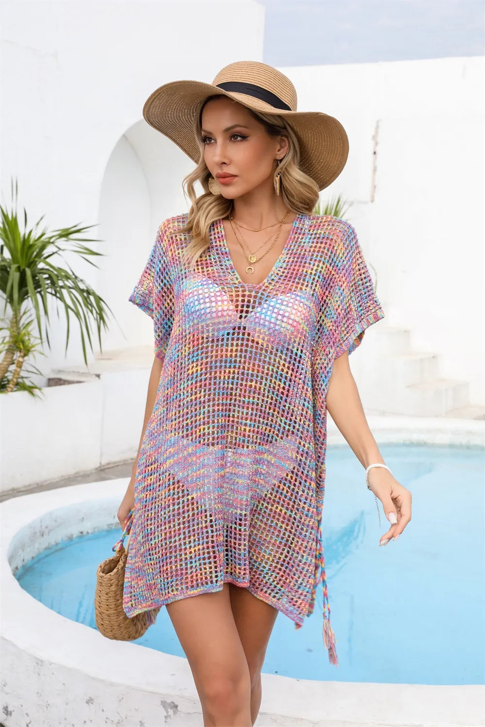 Angel Wings Openwork Slit V-Neck Cover Up - Ladyez