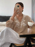 Embroidered Notched Long Sleeve Blouse