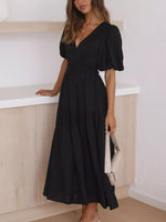 V-Neck Puff Sleeve Midi Dress