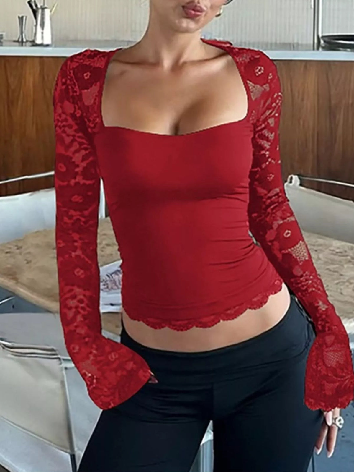Sheer Lace Sleeve Square Neck T-Shirt