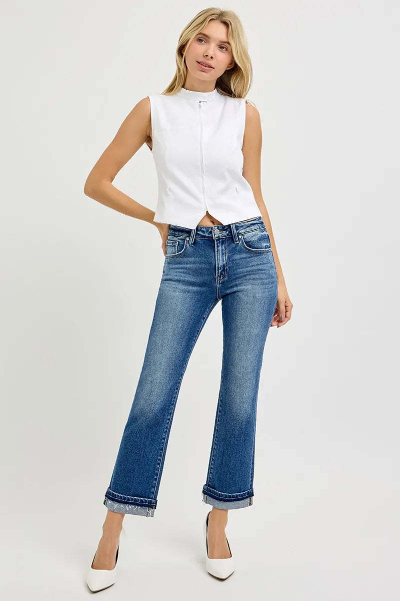 RISEN Mid Rise Ankle Straight Cuffed Jeans - Ladyez
