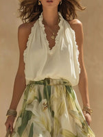 Frill Sleeveless Top and Wide-Leg Pants Two-Piece Set