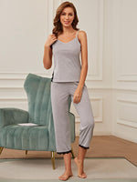 V-Neck Lace Trim Slit Cami and Pants Pajama Set - Ladyez