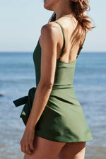 Side Tied Waist Square Neck Adjustable Straps A-line One Piece Swim Dress - Ladyez