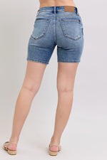 Judy Blue Button Fly Mid Length Denim Shorts W/ Destroy - Ladyez
