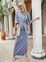 Cutout Slit Round Neck Half Sleeve Dress - Ladyez