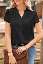 Short Sleeve Notched Blouse - Ladyez