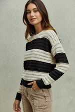 SO ME Openwork Round Neck Wide Stripe Textured Sweater