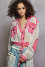 POL Texture Woven Button Down Hooded Shirt with Drawstring Hem