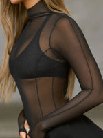 Mock Neck Long Sleeve Sheer Top - Ladyez