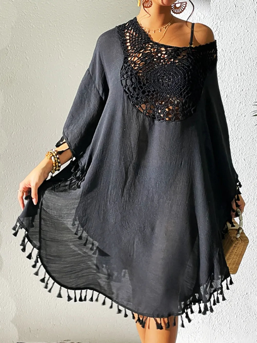 Tassel Cutout Scoop Neck Cover-Up Dress - Ladyez