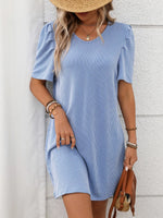 Textured Round Neck Short Sleeve Mini Dress