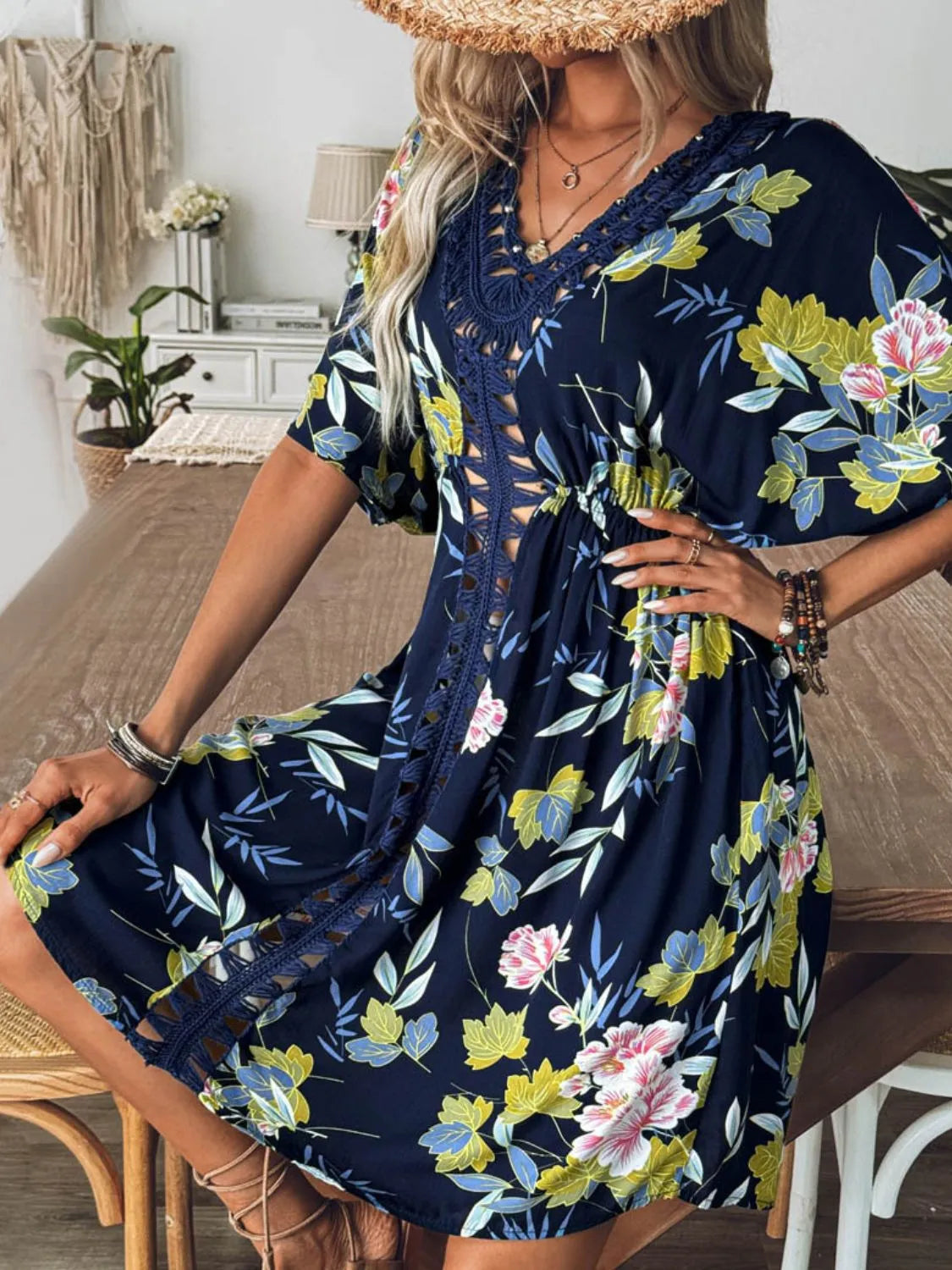 Crochet Front V-Neck Printed Cover-Up - Ladyez