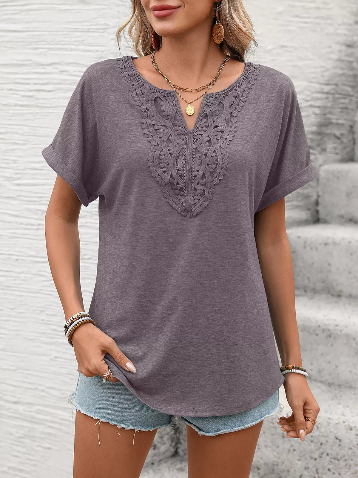 Lace Trim Short Sleeve T-Shirt