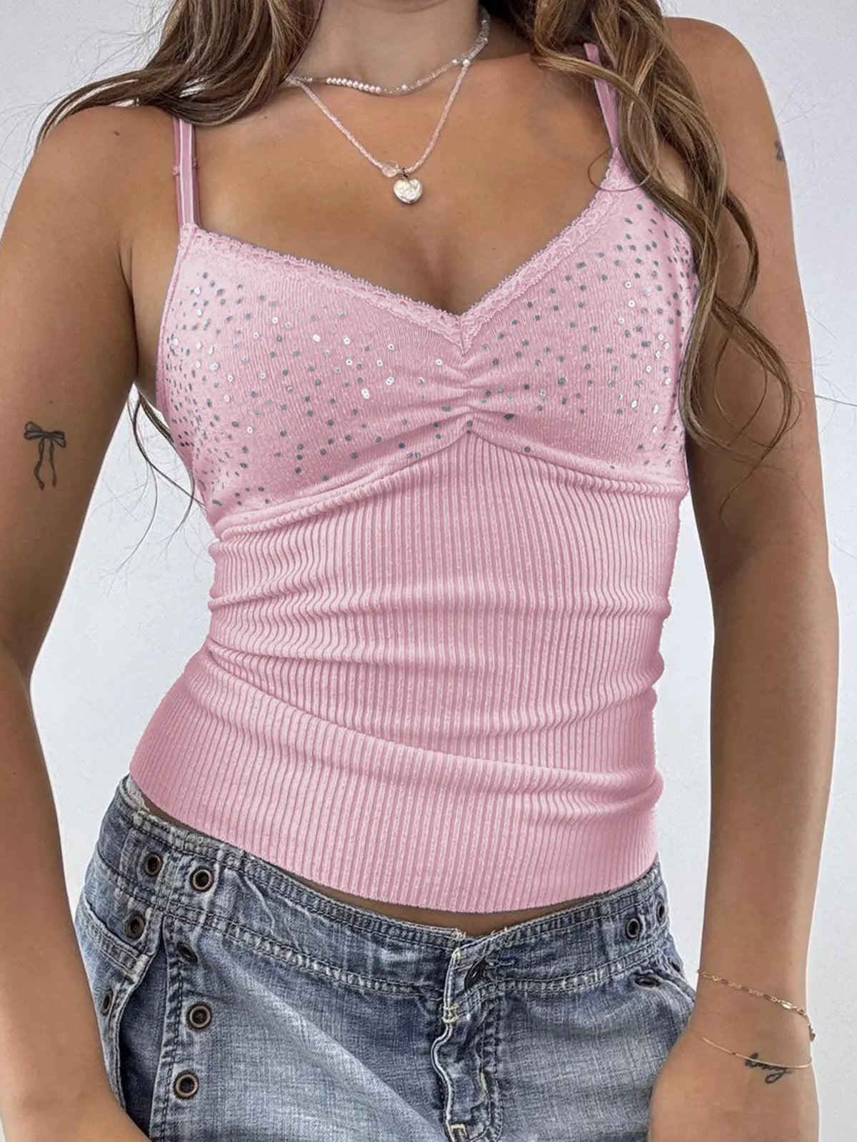 Sequin Lace Detail Cami Top - Ladyez
