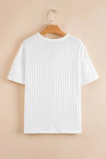 Textured Hollow Grommet Placket Split Neck Short Sleeve Top