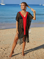 Angel Wings Contrast Fringe Trim Openwork Cover-Up Dress - Ladyez