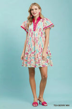 Umgee Leaf Print Flutter Sleeve Tiered Mini Dress