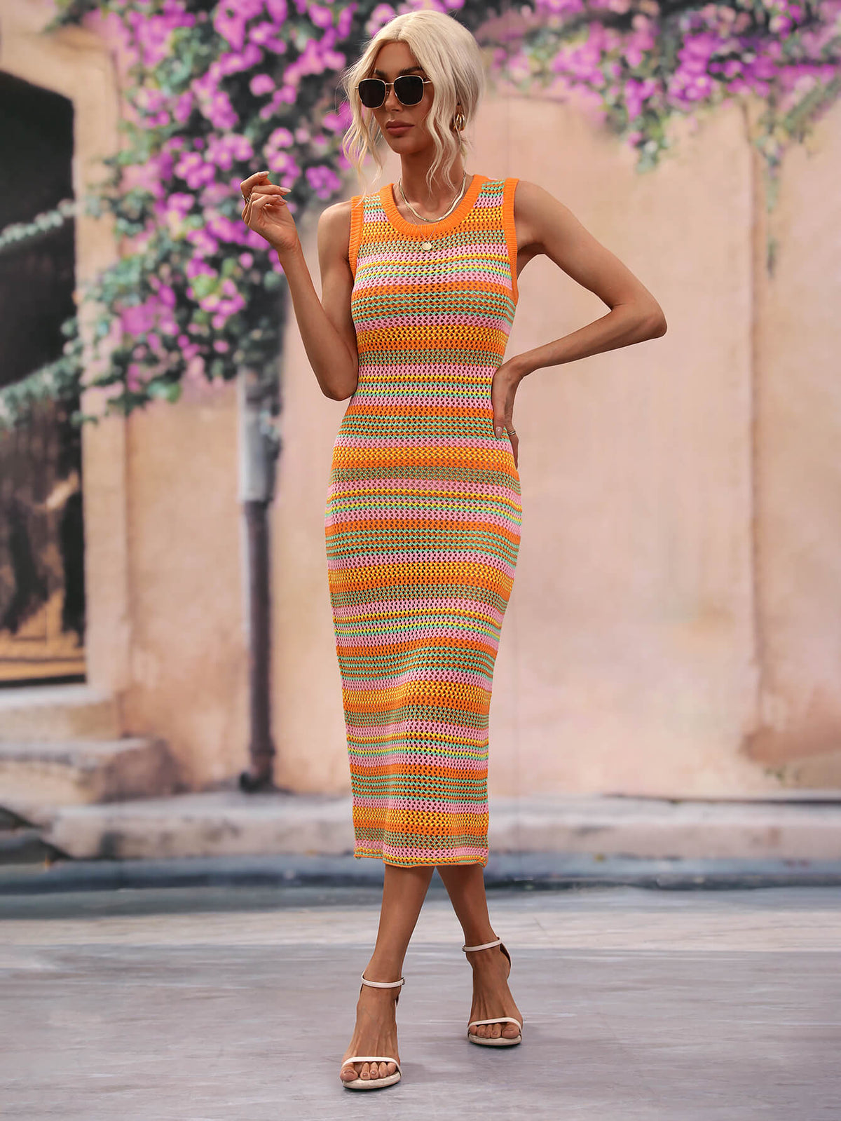Striped Round Neck Sleeveless Midi Cover Up Dress - Ladyez