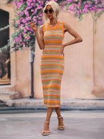 Striped Round Neck Sleeveless Midi Cover Up Dress - Ladyez