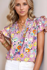 Printed Notched Double Layered Ruffle Sleeve Blouse