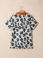 \Leopard Print Button Contrast Collared Short Sleeve Blouse