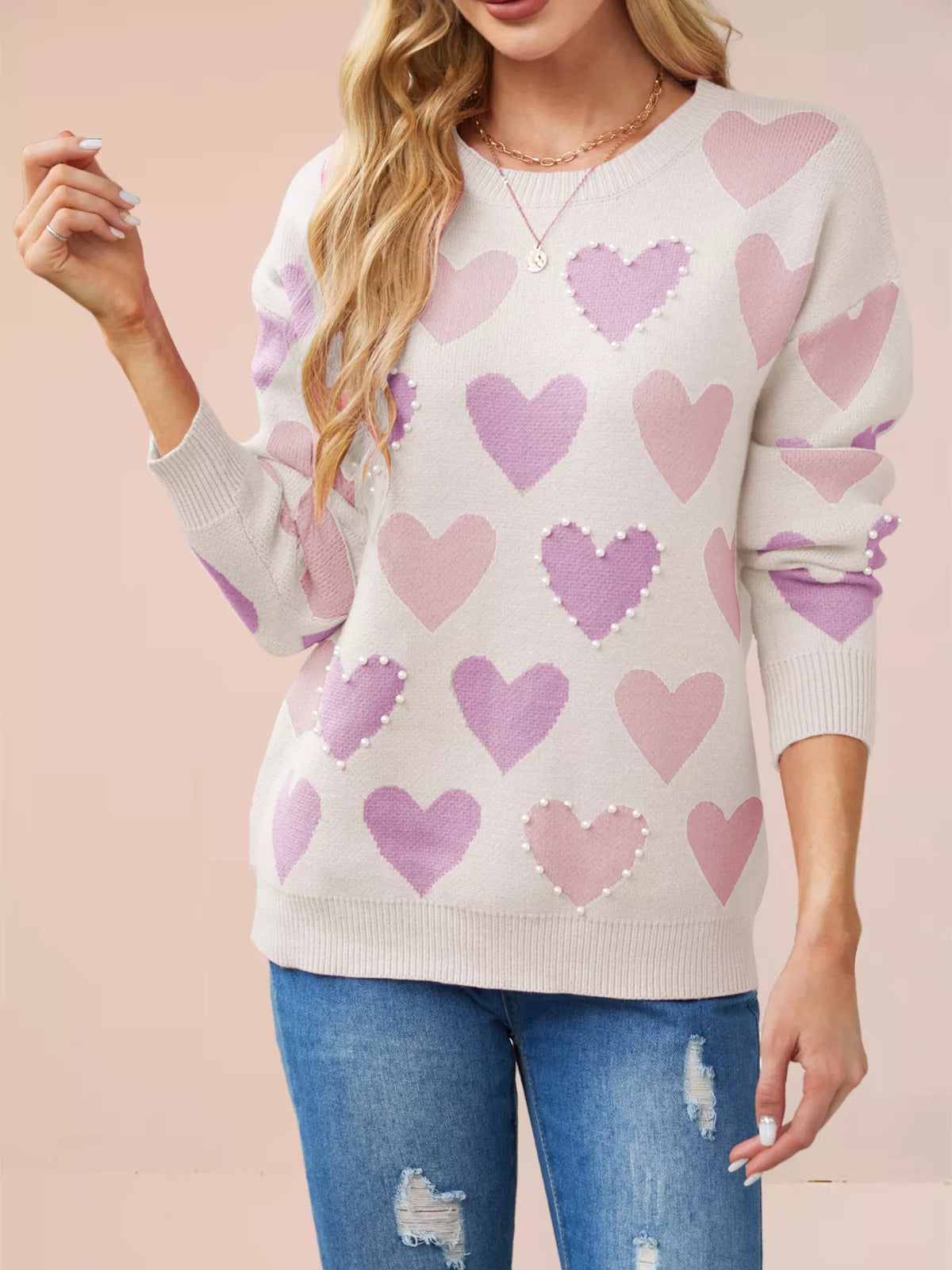 Heart Pattern Beaded Round Neck Sweater