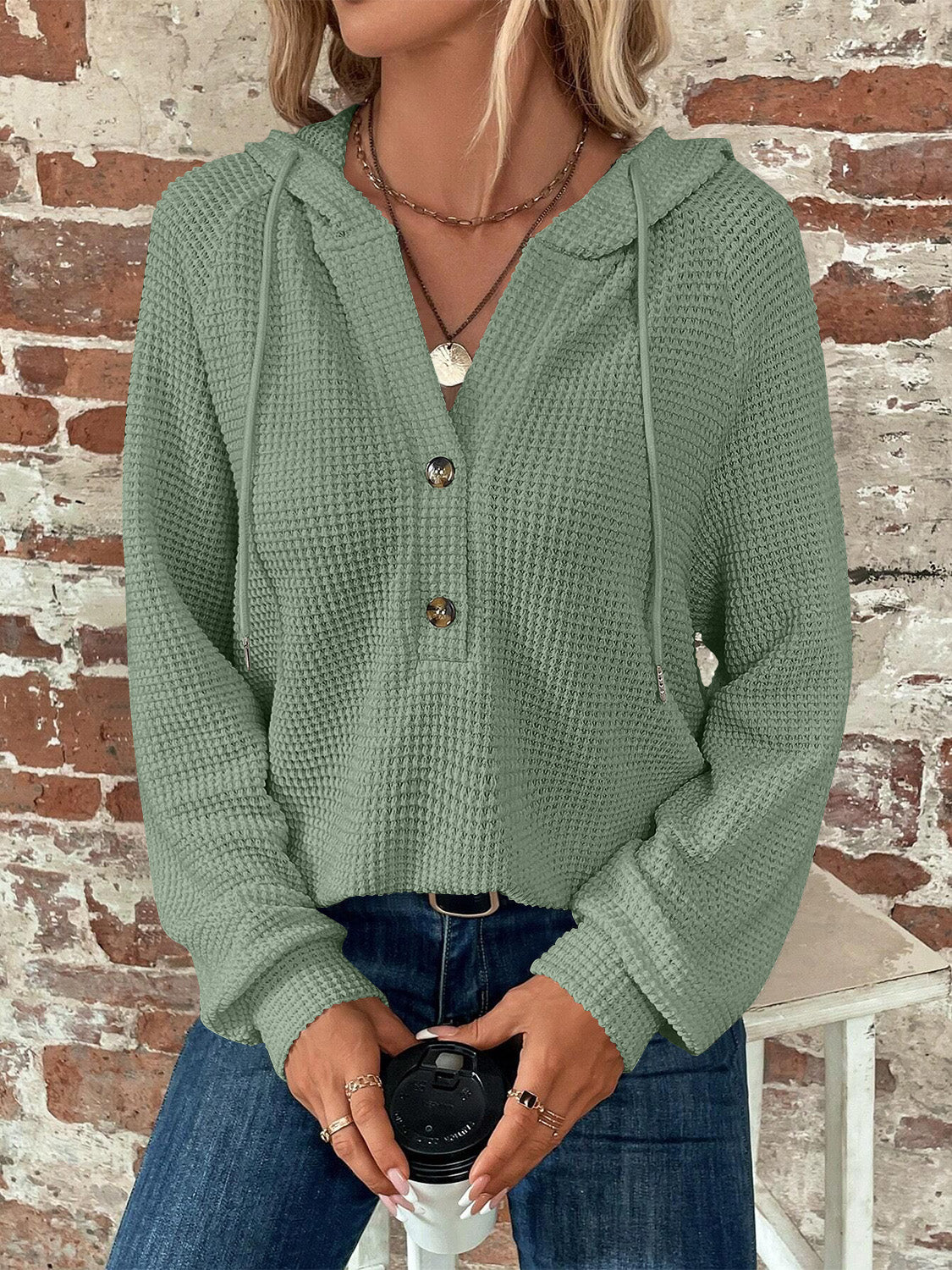 Waffle Knit Long Sleeve Drawstring Hooded Top - Ladyez