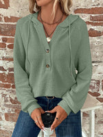 Waffle Knit Long Sleeve Drawstring Hooded Top - Ladyez