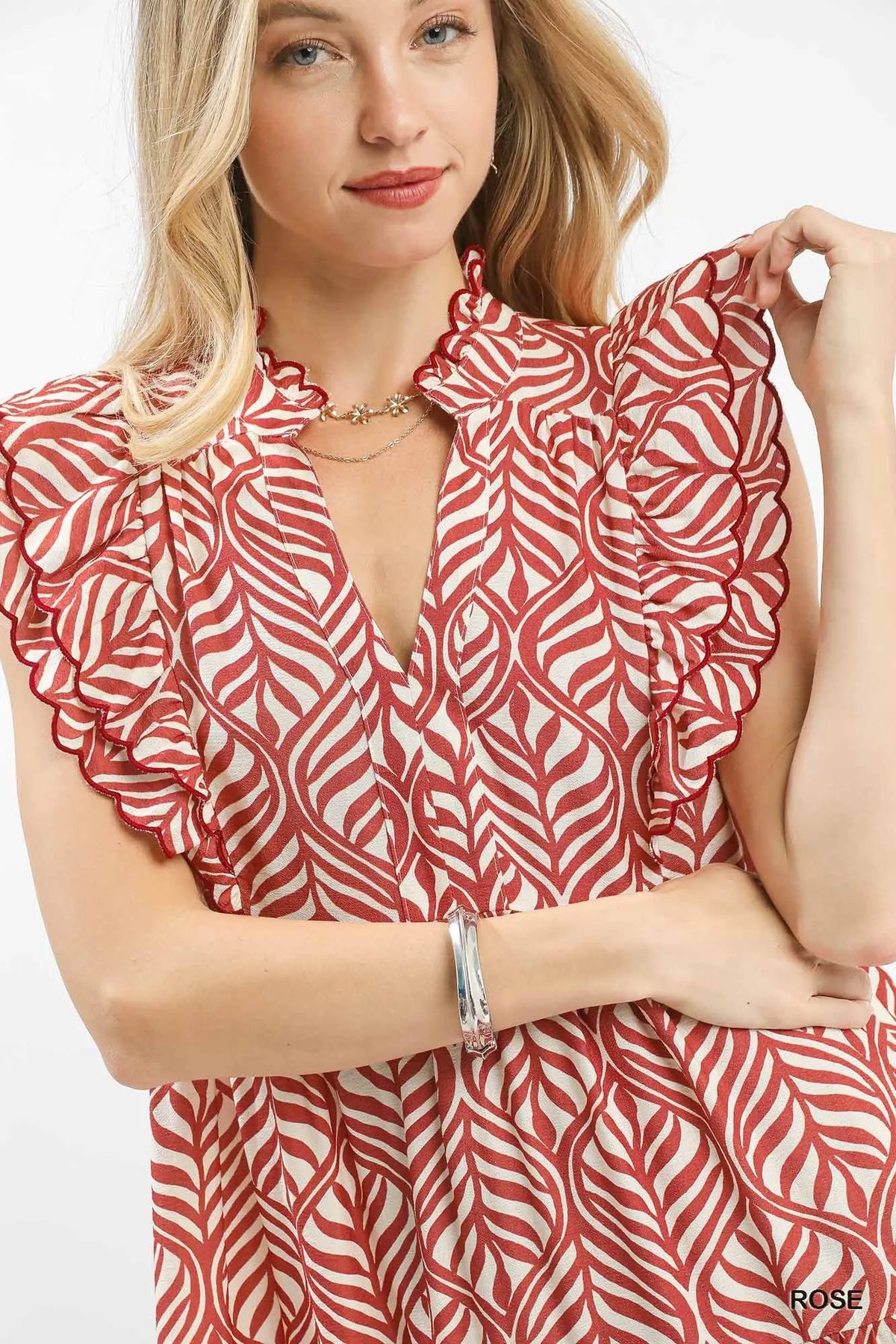Umgee Leaf Print Tiered Midi Dress with Ruffle Detail