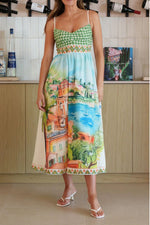 Gingham Bodice Scenic Print Midi Dress
