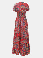 Full Size Smocked Printed V-Neck Short Sleeve Dress - Ladyez