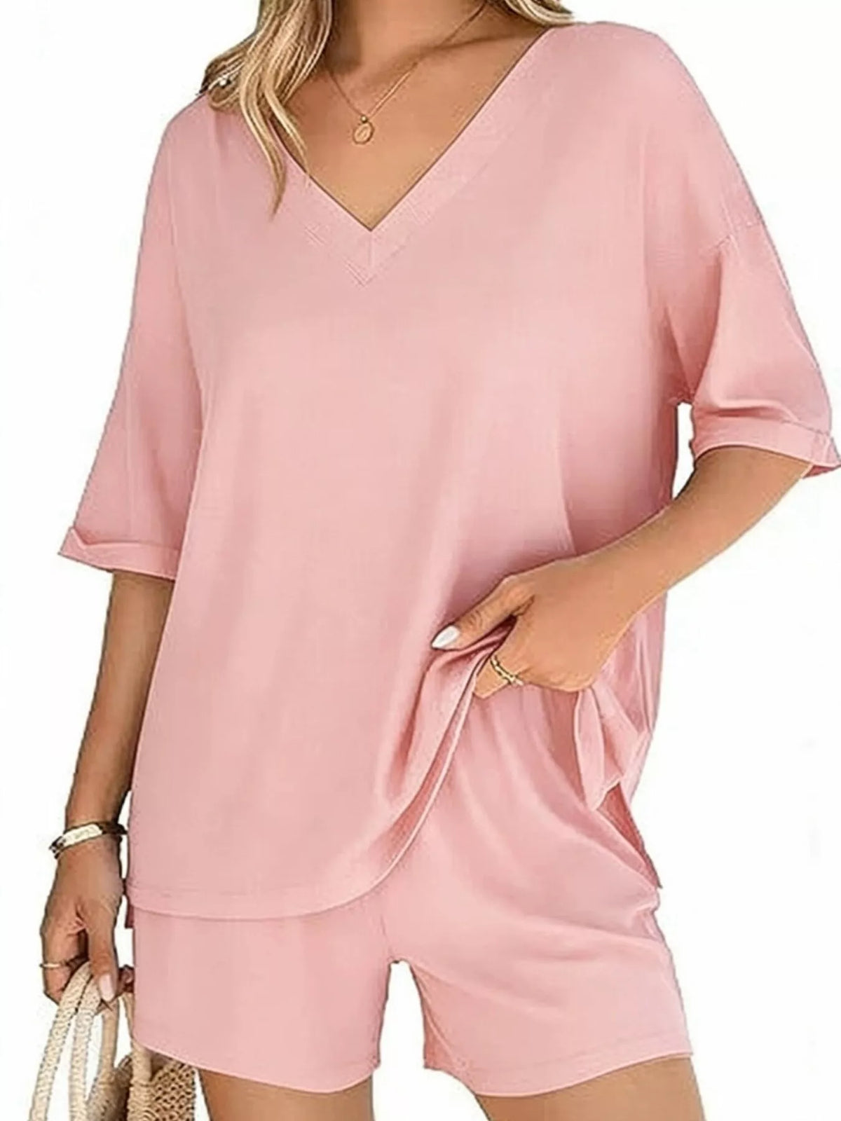 Solid Color V-Neck and Shorts Set