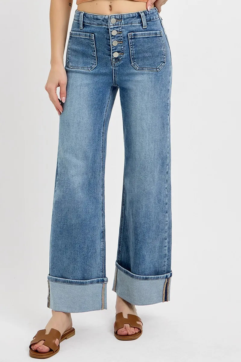 RISEN High Rise Ankle Wide Button Patch Pocket Cuffed Jeans - Ladyez