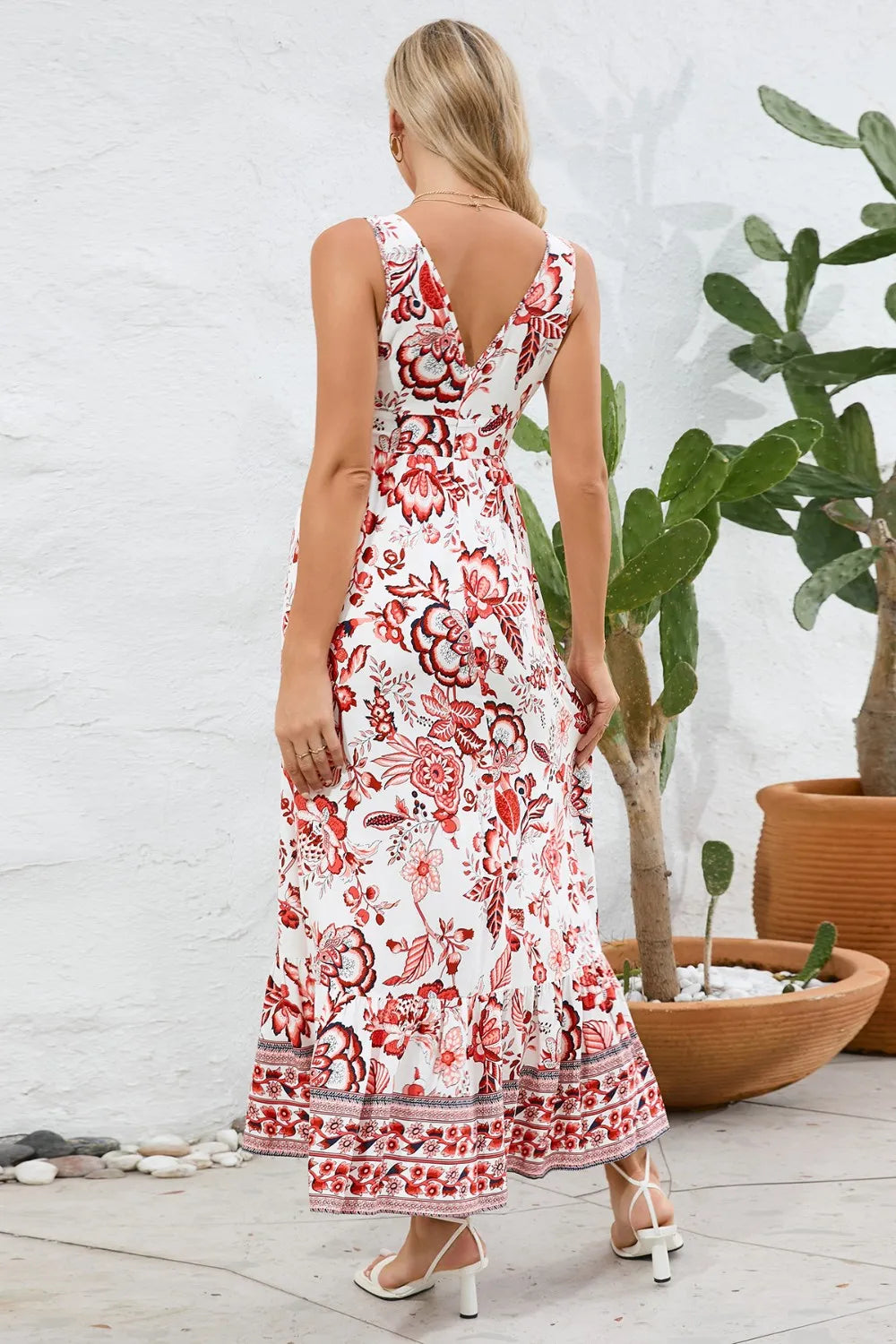 Printed V-Neck Wide Strap Dress - Ladyez