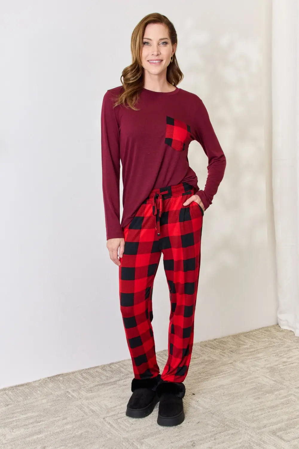 Zenana Full Size Plaid Round Neck Top and Pants Pajama Set - Ladyez